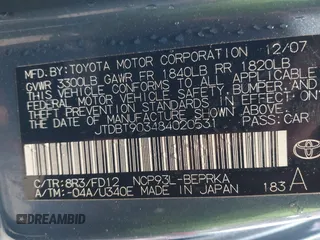 2008 Toyota Yaris с VIN JTDBT903484020531, выставлен на аукционе IAAI как лот 42017119 с пробегом 186 330 миль миль и . История ставок и продаж доступна на DreamBid. Изображение 9.