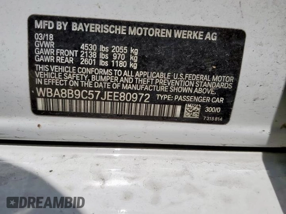 2018 BMW 3 Series 330i with VIN WBA8B9C57JEE80972, listed as a Copart auction lot 61270255 with 81,658 mi miles and Salvage title. Bid and sale history available at DreamBid. Image 12.