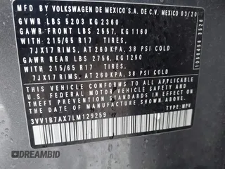 2020 Volkswagen Tiguan S z VIN 3VV1B7AX7LM129259, wystawiony jako IAAI lot #41806178 z przebiegiem 48 953 mil mil oraz . Historia ofert i sprzedaży dostępna na DreamBid. Obrazek 9.