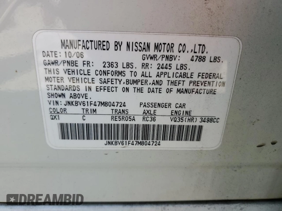 2007 Infiniti G35 G35x with VIN JNKBV61F47M804724, listed as a Copart auction lot 62123674 with Not Provided miles and Salvage Title. Bid and sale history available at DreamBid. Image 12.