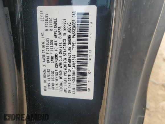 2016 Honda Accord Touring with VIN 1HGCT2B01GA005596, listed as a Copart auction lot 49117975 with 111,422 mi miles and Salvage Title. Bid and sale history available at DreamBid. Image 14.