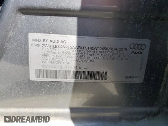 2007 Audi A4 2.0T with VIN WAUBF78E47A040664, listed as a Copart auction lot 69429114 with 123,204 mi miles and Salvage Title. Bid and sale history available at carsss.com. Image 12.