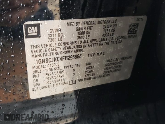 2015 Chevrolet Suburban LT with VIN 1GNSCJKC4FR295886, listed as a Copart auction lot 50192425 with 0 mi miles and Salvage Title. Bid and sale history available at carsss.com. Image 15.