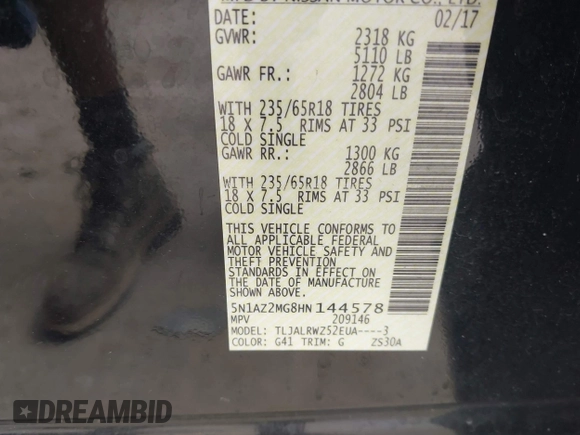 2017 Nissan Murano S z VIN 5N1AZ2MG8HN144578, wystawiony jako IAAI lot #42019013 z przebiegiem 138 120 mil mil oraz . Historia ofert i sprzedaży dostępna na DreamBid. Obrazek 9.