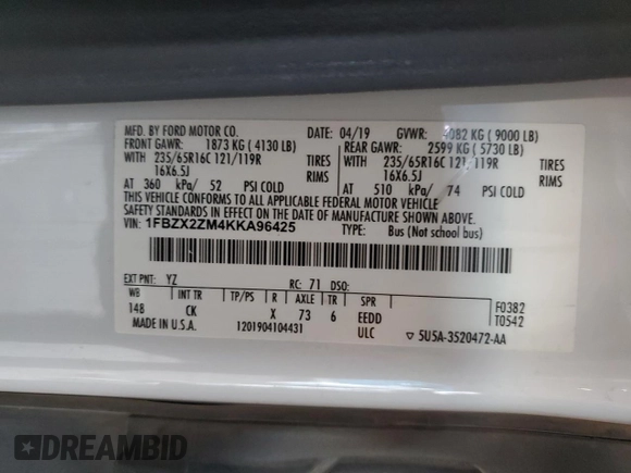2019 Ford Transit Passenger XL with VIN 1FBZX2ZM4KKA96425, listed as a Copart auction lot 78957664 with 238,333 mi miles and Salvage title. Bid and sale history available at DreamBid. Image 13.