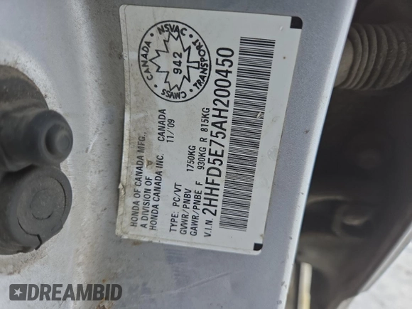 2010 Acura CSX z VIN 2HHFD5E75AH200450, wystawiony jako Copart lot #84732134 z przebiegiem Nie podano mil oraz Szkoda całkowita • Salvage title. Historia ofert i sprzedaży dostępna na DreamBid. Obrazek 12.