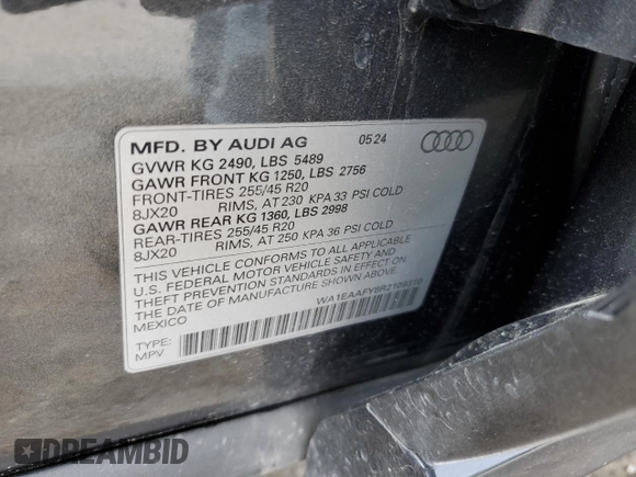 2024 Audi Q5 S line Premium Plus with VIN WA1EAAFY8R2109310, listed as a Copart auction lot 58716035 with Not provided miles and Salvage title. Bid and sale history available at DreamBid. Image 12.