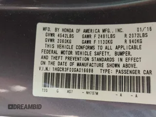 2016 Honda Accord EX-L с VIN 1HGCR3F00GA016698, выставлен на аукционе IAAI как лот 42329603 с пробегом 155 390 миль миль и . История ставок и продаж доступна на DreamBid. Изображение 9.
