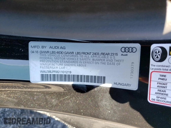 2016 Audi A3 2.0T Premium Plus with VIN WAU38LFF0G1101219, listed as a Copart auction lot 64927583 with 40,204 mi miles. Bid and sale history available at carsss.com. Image 12.