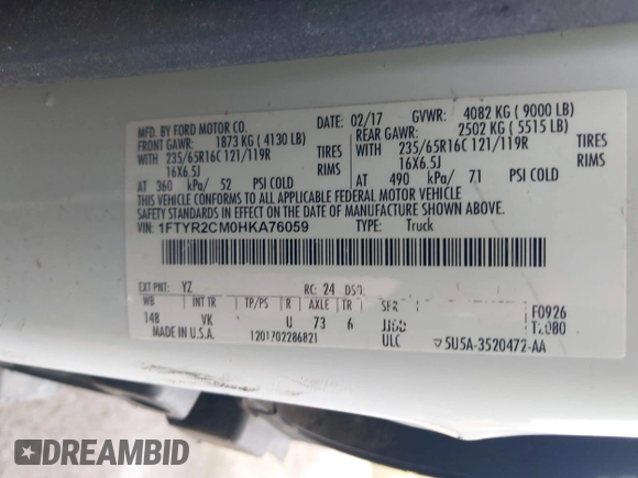2017 Ford Transit с VIN 1FTYR2CM0HKA76059, выставлен на аукционе IAAI как лот 41790937 с пробегом 148 481 миль миль и . История ставок и продаж доступна на DreamBid. Изображение 9.