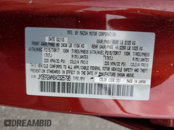 2010 Mazda CX-7 Sport with VIN JM3ER2WM8A0325795, listed as a Copart auction lot 57225725 with 183,982 mi miles and Clean Title. Bid and sale history available at DreamBid. Image 12.