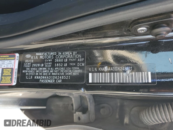 2013 Kia Rio EX with VIN KNADN4A31D6248521, listed as a Copart auction lot 60061645 with 123,281 mi miles and Salvage title. Bid and sale history available at DreamBid. Image 12.