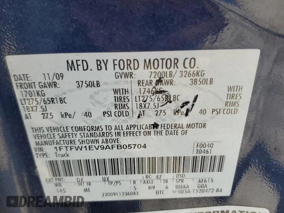 2010 Ford F-150 XL with VIN 1FTFW1EV9AFB05704, listed as a Copart auction lot 63180505 with Not provided miles and Salvage title. Bid and sale history available at DreamBid. Image 12.