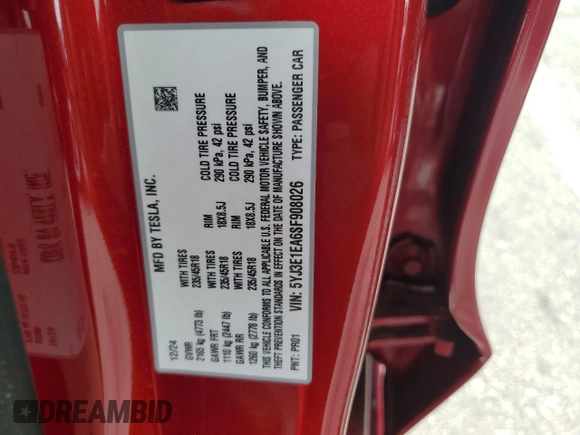 2025 Tesla Model 3 Long Range с VIN 5YJ3E1EA6SF908026, выставлен на аукционе Copart как лот 52297095 с пробегом 3 635 миль миль и Списание • Salvage title. История ставок и продаж доступна на DreamBid. Изображение 14.
