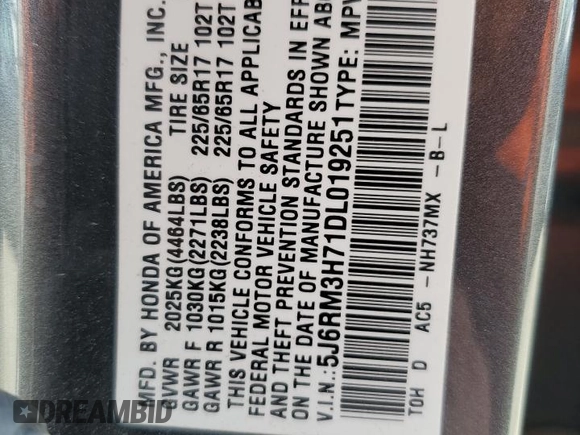 2013 Honda CR-V EX-L with VIN 5J6RM3H71DL019251, listed as a Copart auction lot 51737695 with 102,828 mi miles and Salvage Title. Bid and sale history available at DreamBid. Image 13.