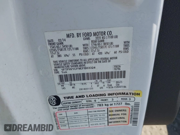 2014 Ford F-150 XL with VIN 1FTFW1CF9EFB03324, listed as a IAAI auction lot 42012468 with 235,978 mi miles and . Bid and sale history available at DreamBid. Image 9.