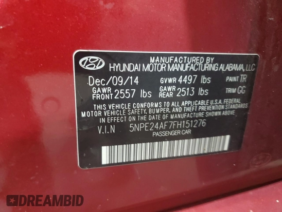 2015 Hyundai Sonata 2.4L SE with VIN 5NPE24AF7FH151276, listed as a Copart auction lot 52746245 with 132,877 mi miles and Salvage Title. Bid and sale history available at carsss.com. Image 14.