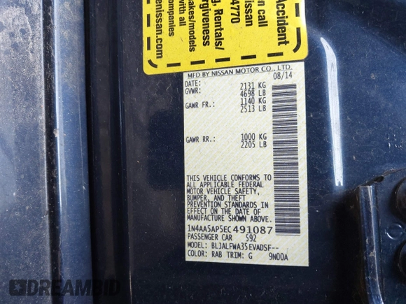 2014 Nissan Maxima SV z VIN 1N4AA5AP5EC491087, wystawiony jako IAAI lot #41802153 z przebiegiem Nie podano mil oraz . Historia ofert i sprzedaży dostępna na DreamBid. Obrazek 9.