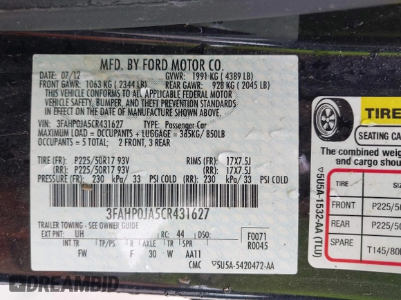 2012 Ford Fusion SEL с VIN 3FAHP0JA5CR431627, выставлен на аукционе IAAI как лот 42529668 с пробегом 26 322 миль миль и . История ставок и продаж доступна на DreamBid. Изображение 9.