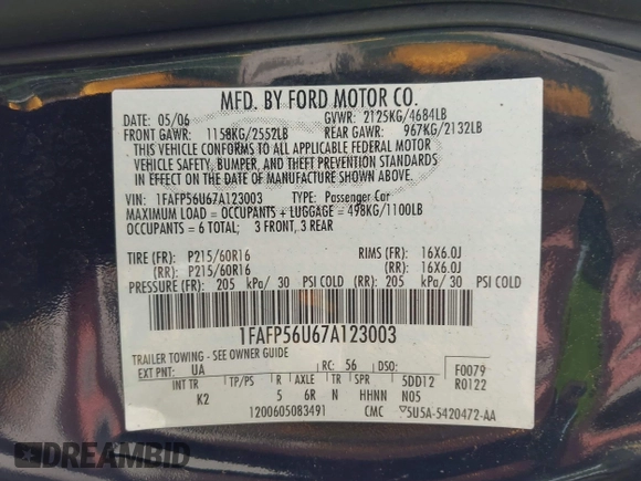 2007 Ford Taurus SEL with VIN 1FAFP56U67A123003, listed as a IAAI auction lot 42522960 with 150,000 mi miles and . Bid and sale history available at DreamBid. Image 9.