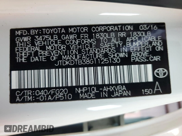 2016 Toyota Prius One with VIN JTDKDTB38G1125130, listed as a Copart auction lot 52741225 with 87,262 mi miles and Clean Title. Bid and sale history available at DreamBid. Image 12.