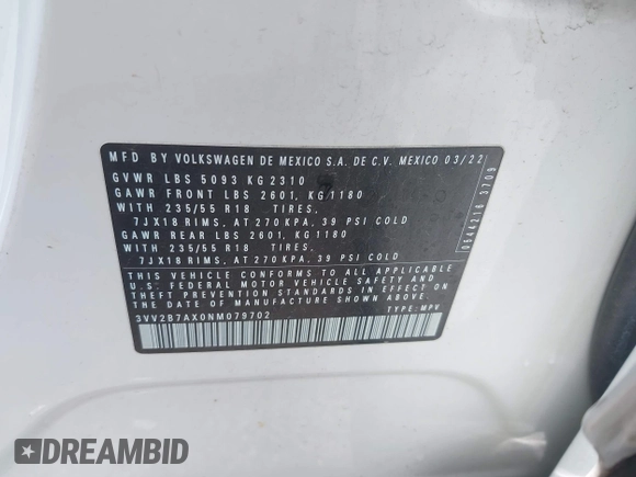 2022 Volkswagen Tiguan SE z VIN 3VV2B7AX0NM079702, wystawiony jako IAAI lot #42600950 z przebiegiem 91 826 mil mil oraz . Historia ofert i sprzedaży dostępna na DreamBid. Obrazek 9.
