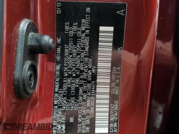 2014 Toyota Sienna LE AAS с VIN 5TDKK3DC9ES444474, выставлен на аукционе Copart как лот 54336055 с пробегом 184 180 миль миль и Списание • Salvage title. История ставок и продаж доступна на DreamBid. Изображение 13.
