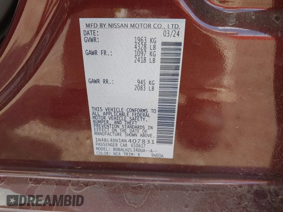 2024 Nissan Altima SV with VIN 1N4BL4DV1RN407831, listed as a IAAI auction lot 41979817 with 44,829 mi miles and . Bid and sale history available at DreamBid. Image 9.