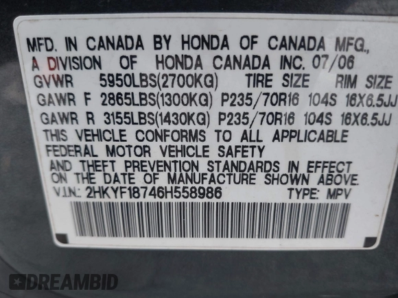 2006 Honda Pilot EX-L with VIN 2HKYF18746H558986, listed as a IAAI auction lot 41875118 with 207,058 mi miles and . Bid and sale history available at DreamBid. Image 9.
