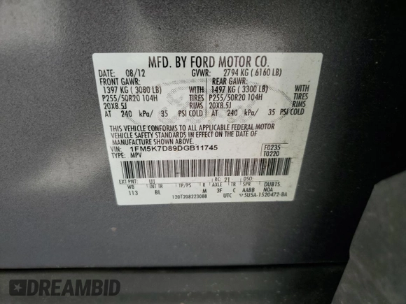 2013 Ford Explorer XLT with VIN 1FM5K7D89DGB11745, listed as a Copart auction lot 53835035 with 158,320 mi miles and Salvage Title. Bid and sale history available at DreamBid. Image 13.