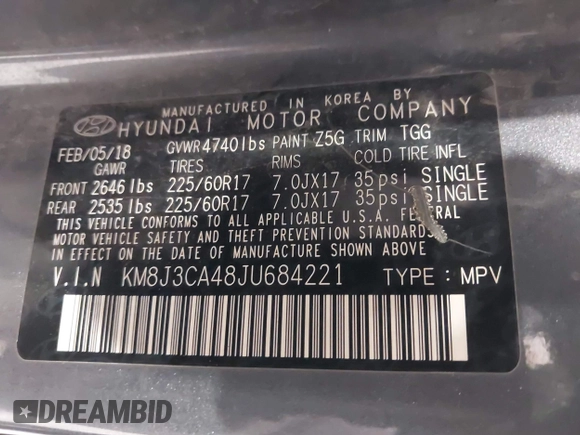 2018 Hyundai Tucson SEL with VIN KM8J3CA48JU684221, listed as a IAAI auction lot 42303306 with 112,134 mi miles and . Bid and sale history available at DreamBid. Image 9.