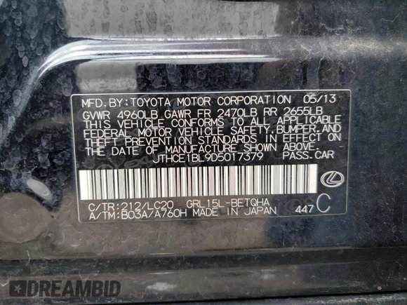 2013 Lexus GS 350 with VIN JTHCE1BL9D5017379, listed as a Copart auction lot 62955974 with 154,531 mi miles and Salvage title. Bid and sale history available at DreamBid. Image 13.