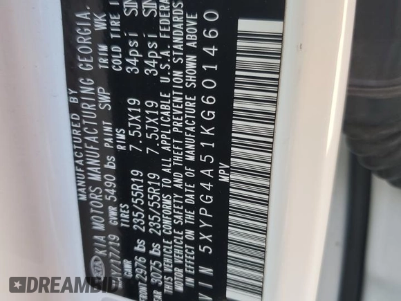 2019 Kia Sorento S with VIN 5XYPG4A51KG601460, listed as a Copart auction lot 80128124 with 34,719 mi miles and Salvage Title. Bid and sale history available at DreamBid. Image 16.
