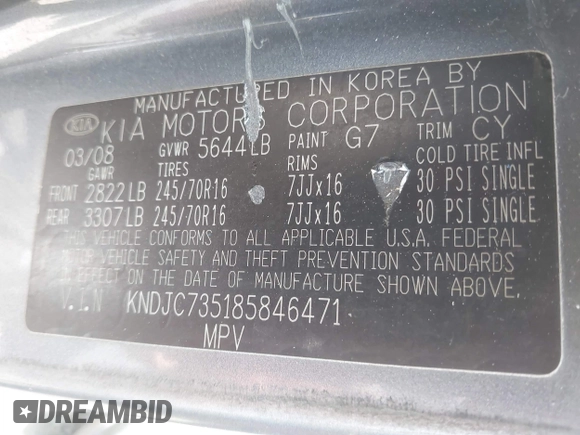 2008 Kia Sorento LX with VIN KNDJC735185846471, listed as a IAAI auction lot 41910403 with 44,740 mi miles and . Bid and sale history available at DreamBid. Image 9.