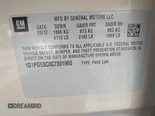 2012 Chevrolet Cruze 2LT with VIN 1G1PG5SC8C7301960, listed as a IAAI auction lot 42184204 with 172,483 mi miles and . Bid and sale history available at DreamBid. Image 9.