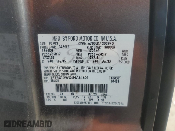 2004 Ford F-150 STX with VIN 1FTRX12WX4NA64601, listed as a Copart auction lot 45126685 with 244,006 mi miles and Salvage Title. Bid and sale history available at carsss.com. Image 12.