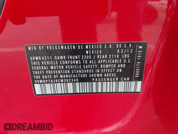 2012 Volkswagen Jetta SE with VIN 3VWDP7AJ9CM382346, listed as a IAAI auction lot 42496101 with 133,281 mi miles and . Bid and sale history available at DreamBid. Image 9.