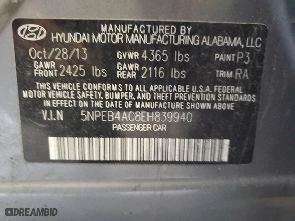 2014 Hyundai Sonata GLS with VIN 5NPEB4AC8EH839940, listed as a Copart auction lot 52439425 with 205,458 mi miles and Salvage Title. Bid and sale history available at carsss.com. Image 13.