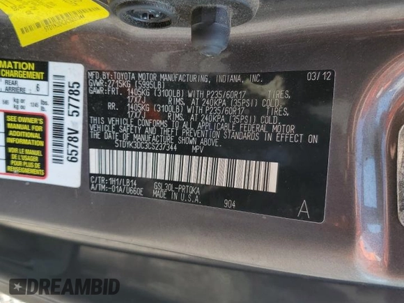 2012 Toyota Sienna XLE AAS with VIN 5TDYK3DC3CS237344, listed as a Copart auction lot 63271815 with 105,860 mi miles and Salvage title. Bid and sale history available at DreamBid. Image 14.