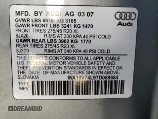 2007 Audi Q7 Premium with VIN WA1BV74L97D089684, listed as a Copart auction lot 46530464 with 133,732 mi miles and Salvage title. Bid and sale history available at DreamBid. Image 12.