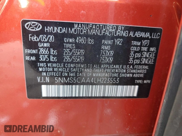 2020 Hyundai Santa Fe Limited with VIN 5NMS5CAA4LH223553, listed as a Copart auction lot 49643985 with 37,574 mi miles and Salvage Title. Bid and sale history available at carsss.com. Image 13.
