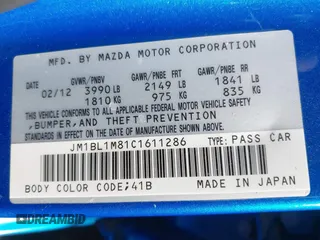 2012 Mazda 3 i Grand Touring with VIN JM1BL1M81C1611286, listed as a IAAI auction lot 41646616 with Not Provided miles and . Bid and sale history available at DreamBid. Image 9.