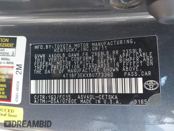 2011 Toyota Camry LE z VIN 4T1BF3EKXBU773360, wystawiony jako IAAI lot #41991860 z przebiegiem 201 251 mil mil oraz . Historia ofert i sprzedaży dostępna na DreamBid. Obrazek 9.