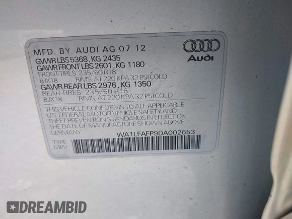 2013 Audi Q5 Premium Plus with VIN WA1LFAFP9DA002653, listed as a IAAI auction lot 41830074 with 140,033 mi miles. Bid and sale history available at carsss.com. Image 9.