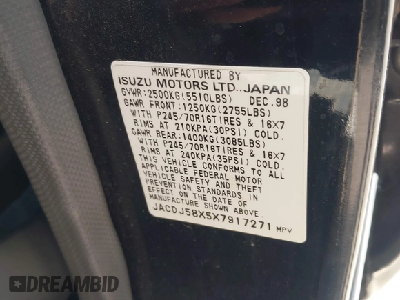 1999 Isuzu Trooper S with VIN JACDJ58X5X7917271, listed as a IAAI auction lot 42308643 with 216,163 mi miles and . Bid and sale history available at DreamBid. Image 9.