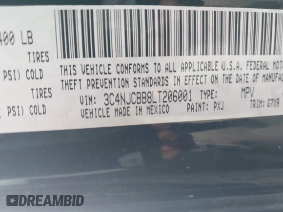 2020 Jeep Compass Latitude with VIN 3C4NJCBB8LT206001, listed as a IAAI auction lot 42352933 with 58,406 mi miles and . Bid and sale history available at DreamBid. Image 9.