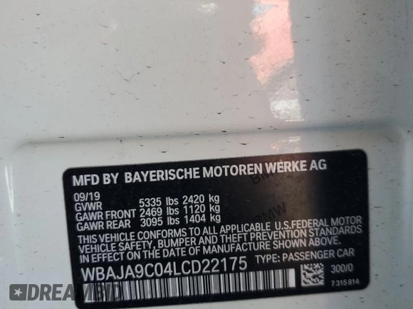 2020 BMW 5 Series 530e with VIN WBAJA9C04LCD22175, listed as a Copart auction lot 56173635 with 64,371 mi miles and Salvage title. Bid and sale history available at DreamBid. Image 12.
