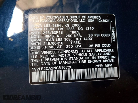 2022 Volkswagen Atlas SE z VIN 1V2LP2CA2NC516728, wystawiony jako Copart lot #41972145 z przebiegiem 61 728 mil mil oraz Szkoda całkowita • Salvage title. Historia ofert i sprzedaży dostępna na DreamBid. Obrazek 13.