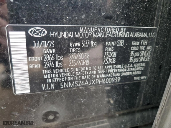 2023 Hyundai Santa Fe SEL with VIN 5NMS24AJXPH600939, listed as a Copart auction lot 48297065 with 38,643 mi miles and Salvage Title. Bid and sale history available at carsss.com. Image 13.