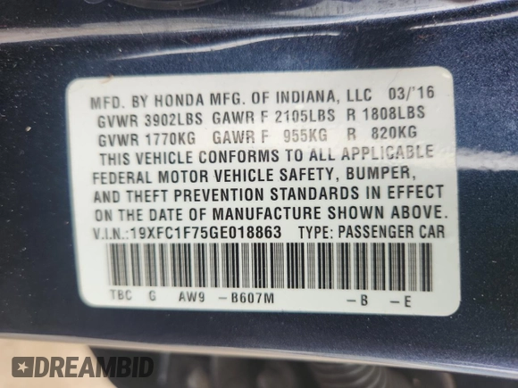 2016 Honda Civic EX-L with VIN 19XFC1F75GE018863, listed as a Copart auction lot 60630535 with 158,806 mi miles and Salvage title. Bid and sale history available at DreamBid. Image 12.
